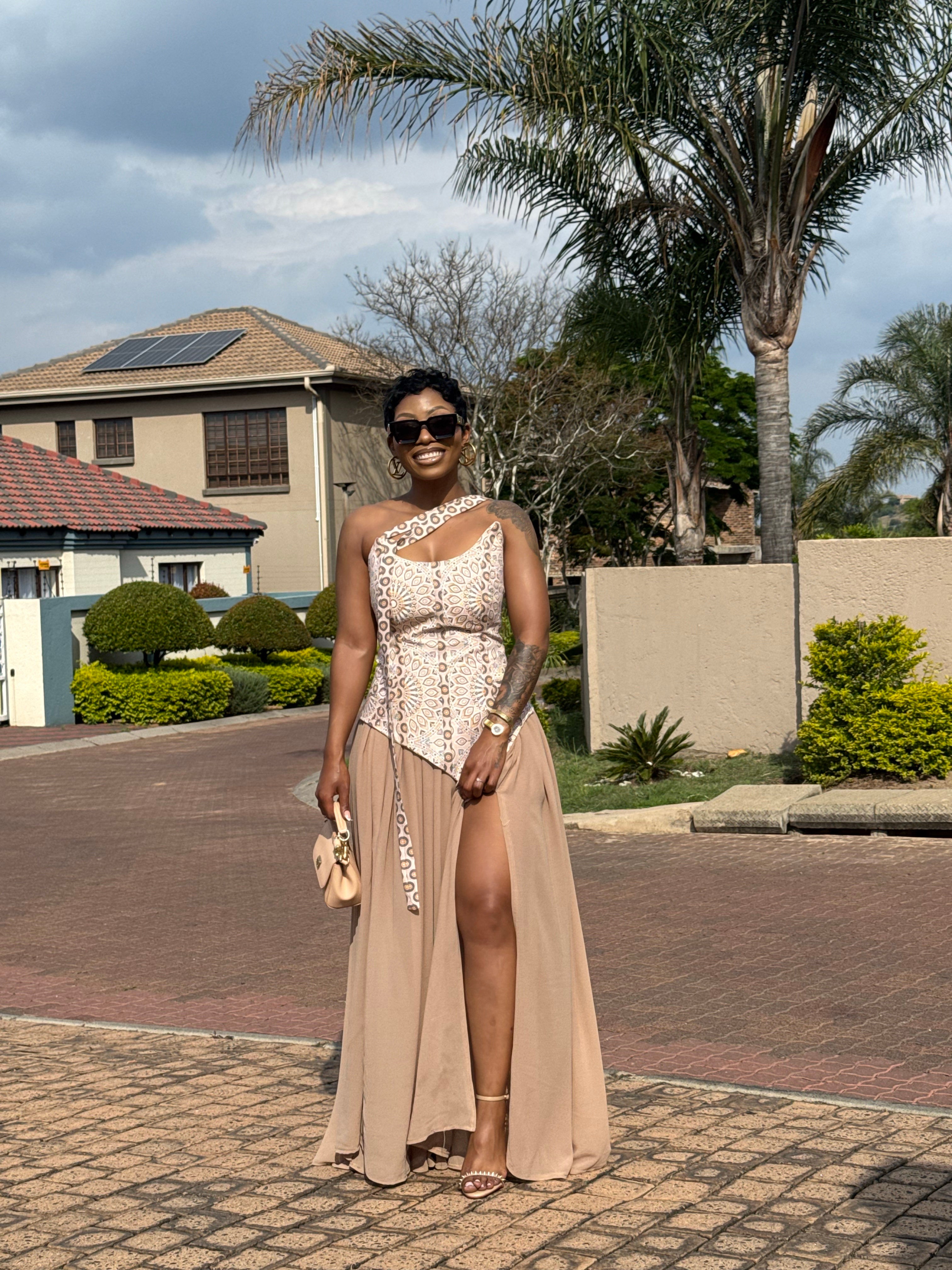 beige shweshwe dresses Flowy Brown or black shoes: