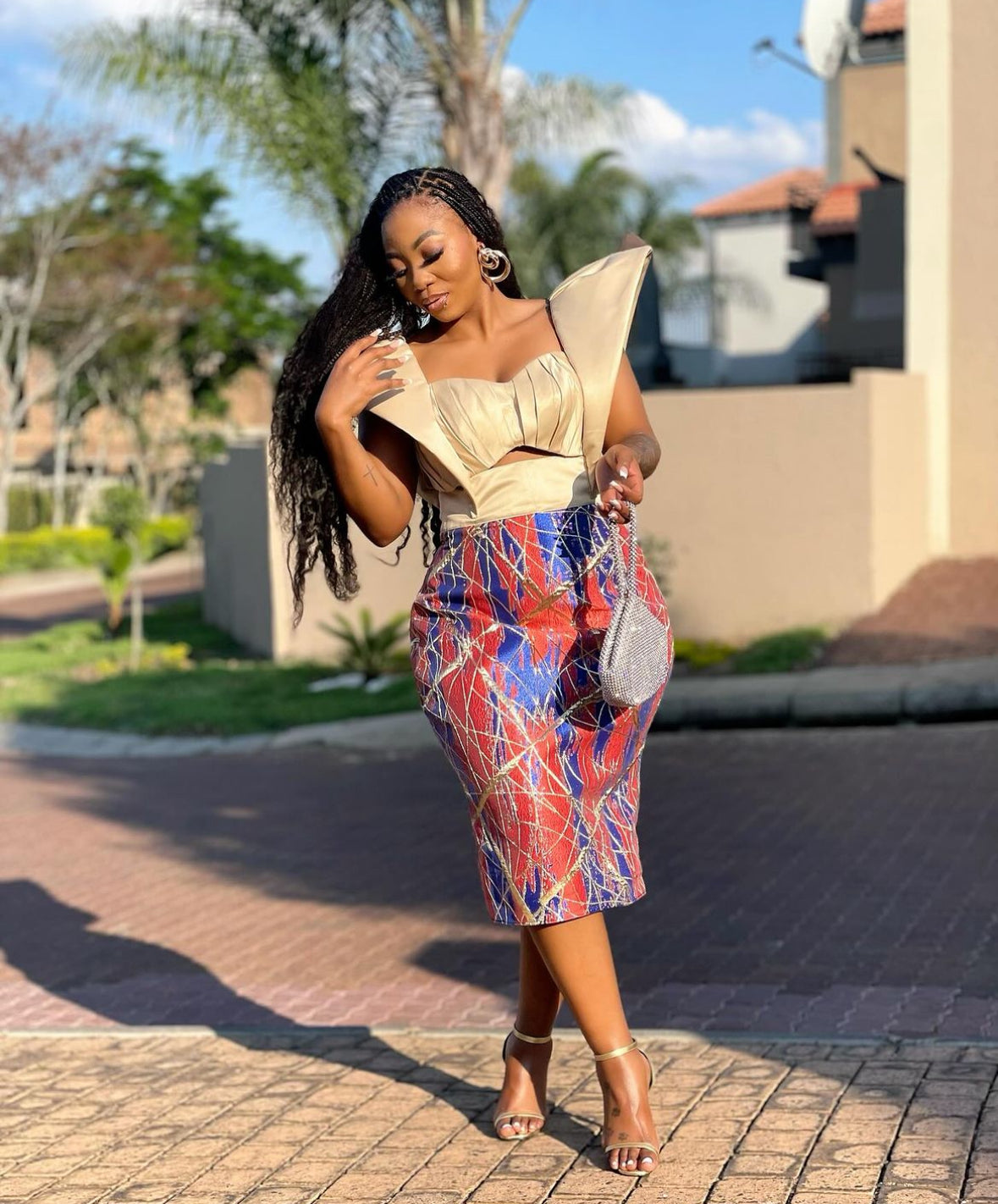 Brocade satin pencil dress