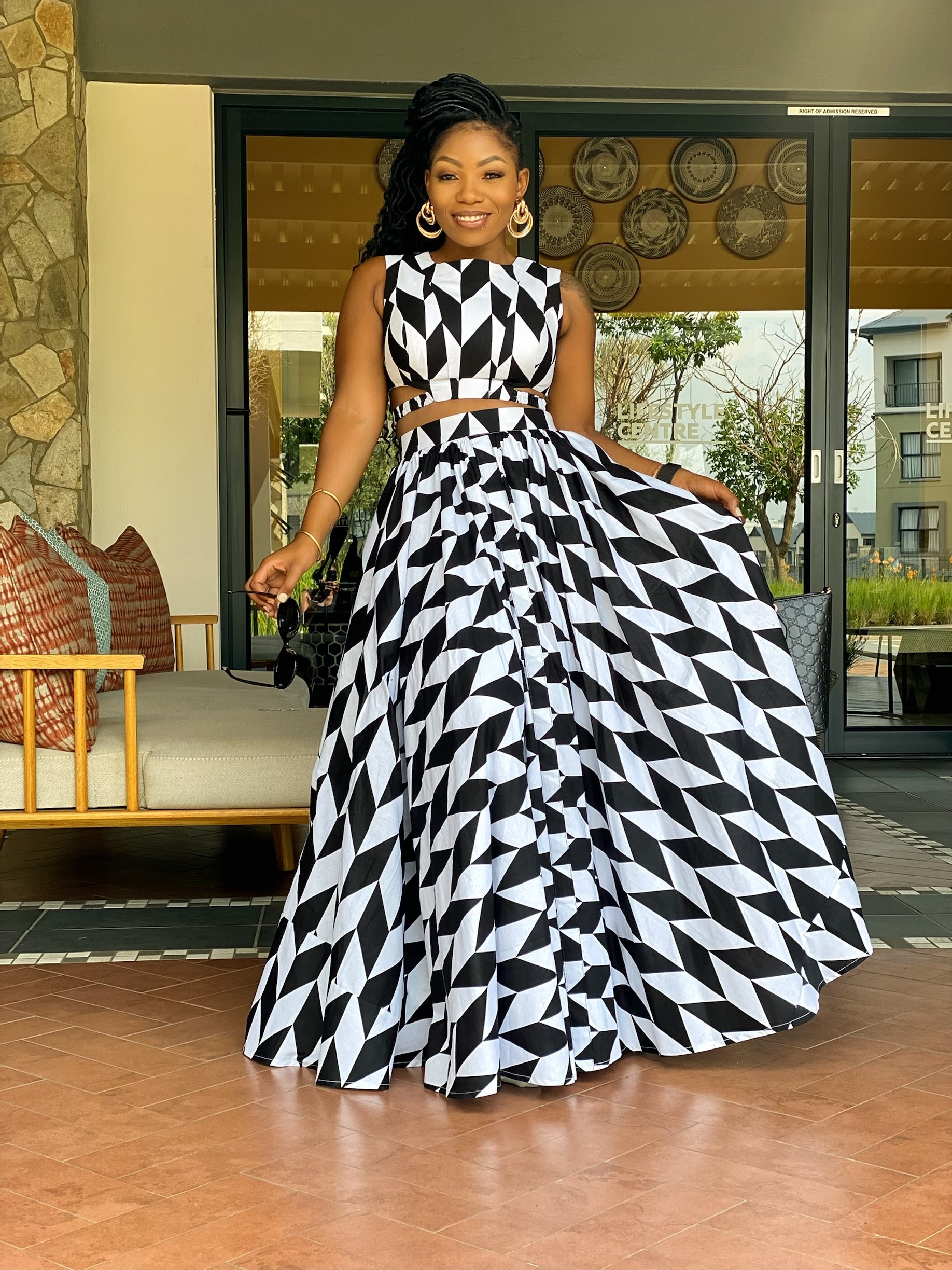 Woman Black And White Print Evening Skirt Autumn Evening Dresses