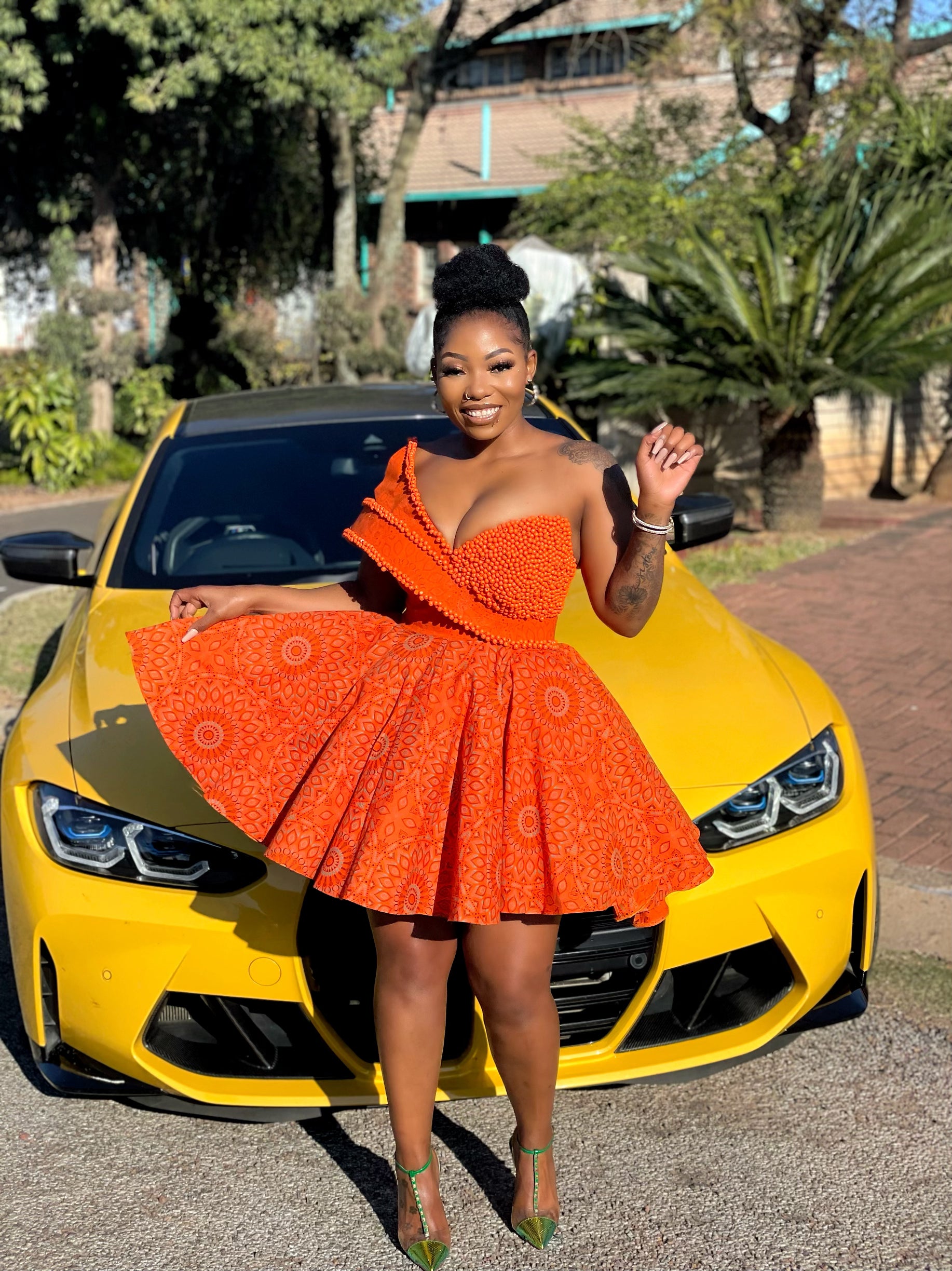 orange shweshwe dresses Orange and Mustard Shweshwe Dress Indoni Fashion House