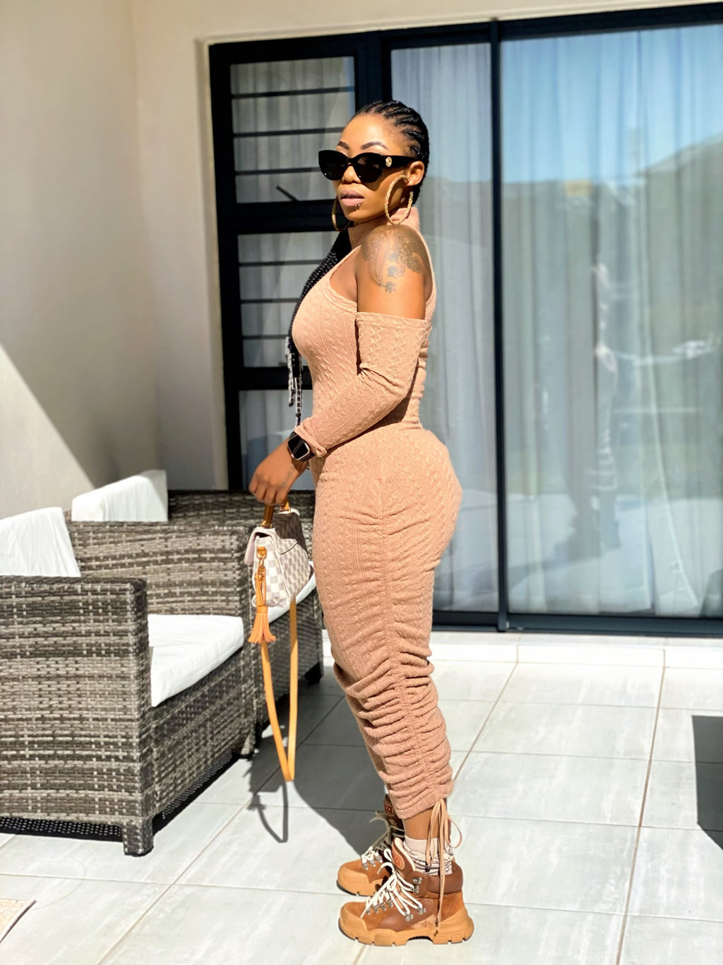 Knit long sleeve off shoulder dress