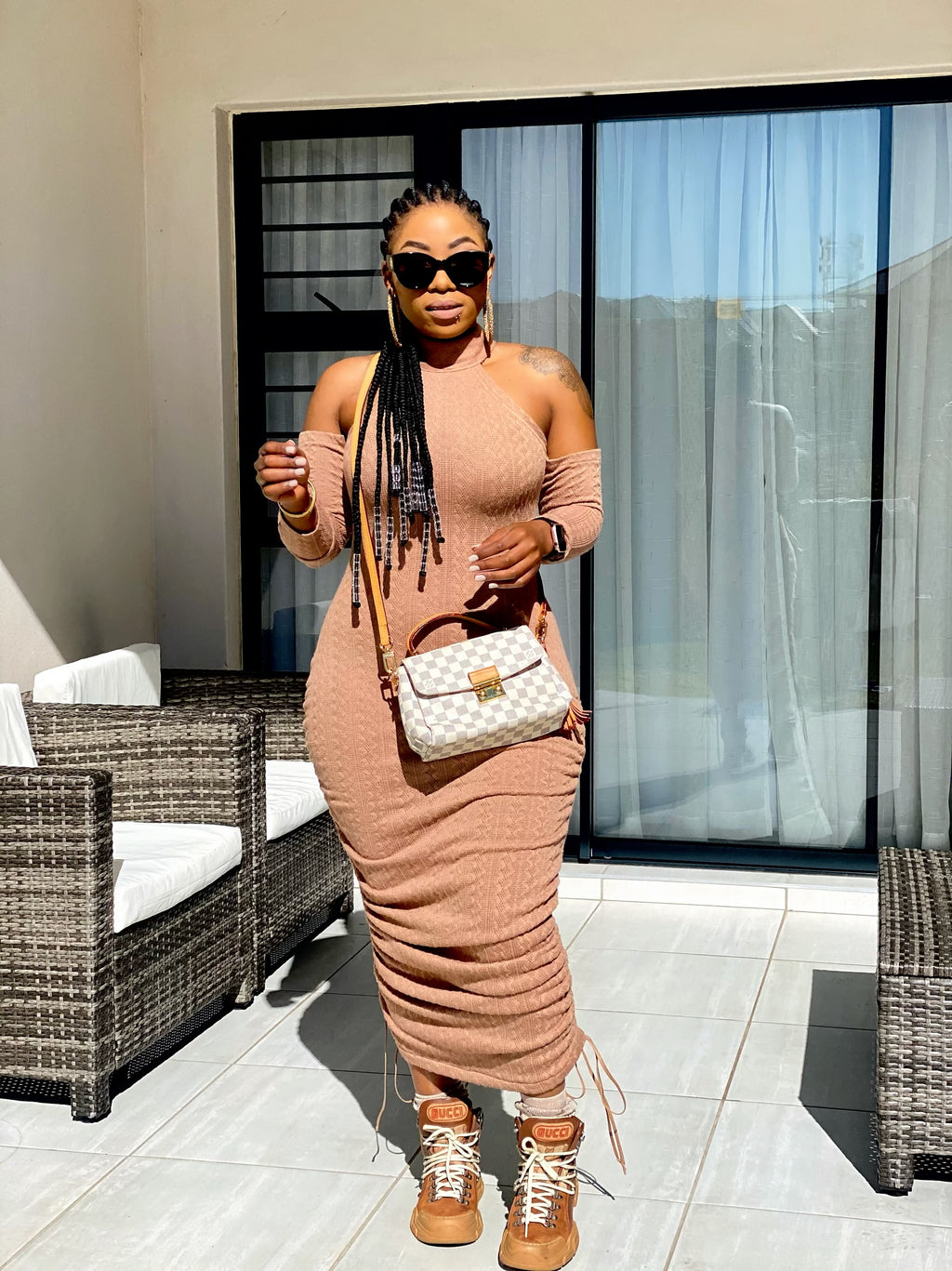 Knit long sleeve off shoulder dress