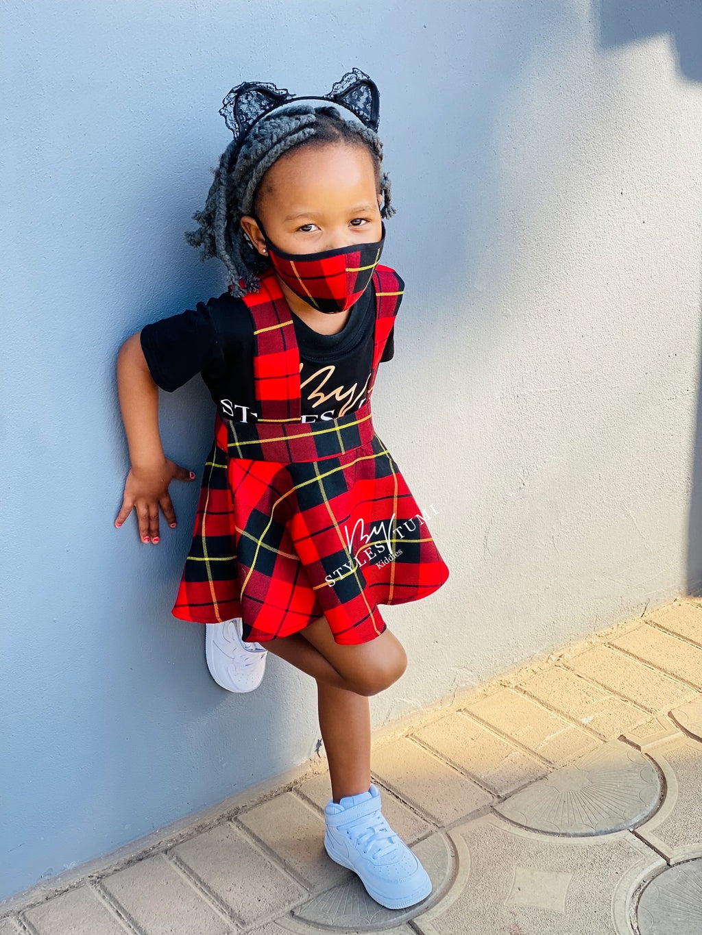 Red scotch dungaree with a matching mask
