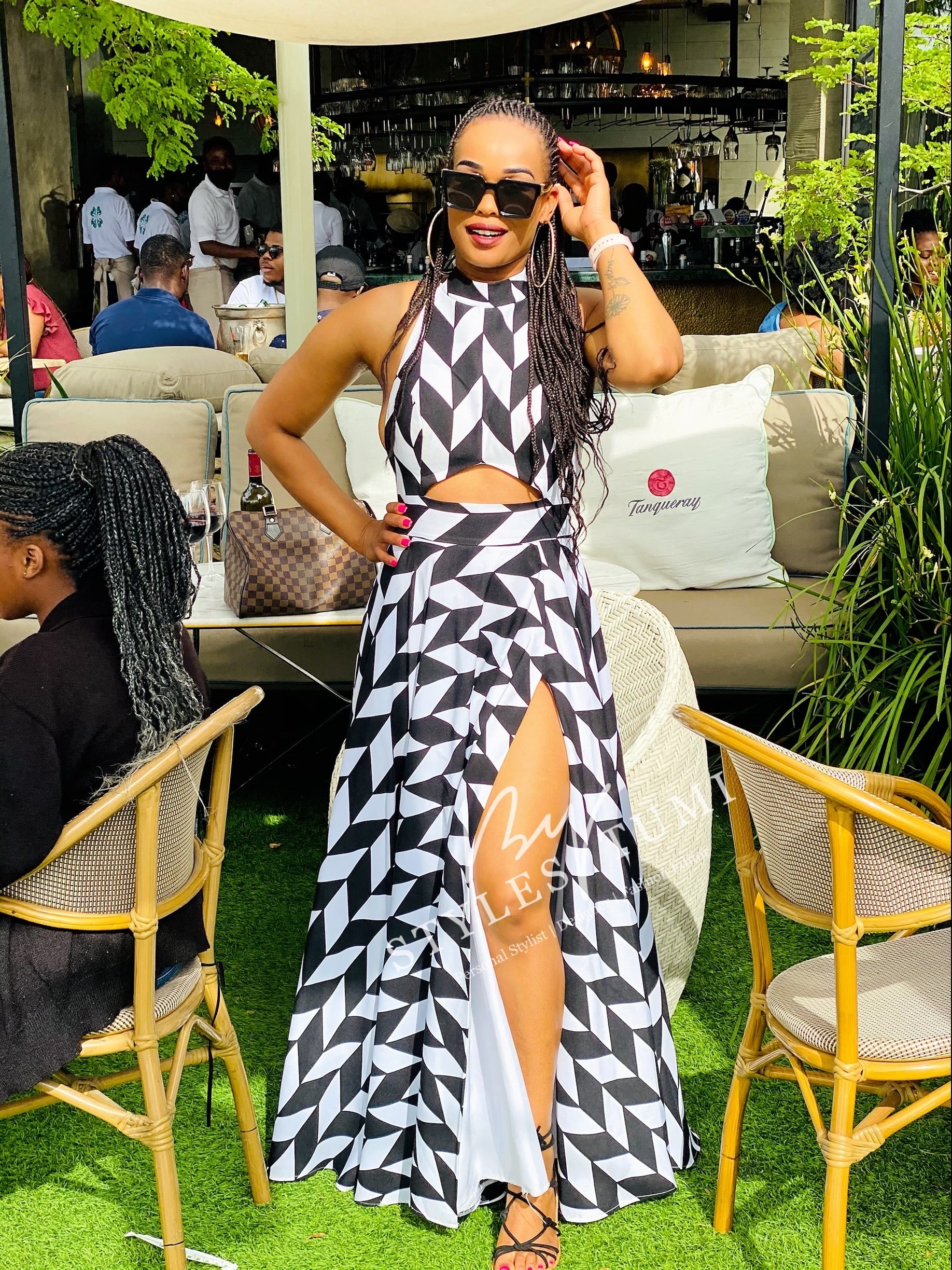 Black and white open back slit maxi