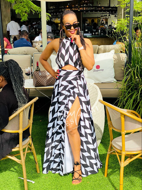 Black and white open back slit maxi