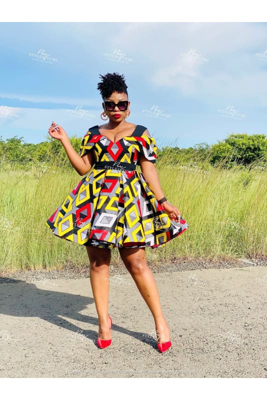 multi coloured off shoulder African flare dress