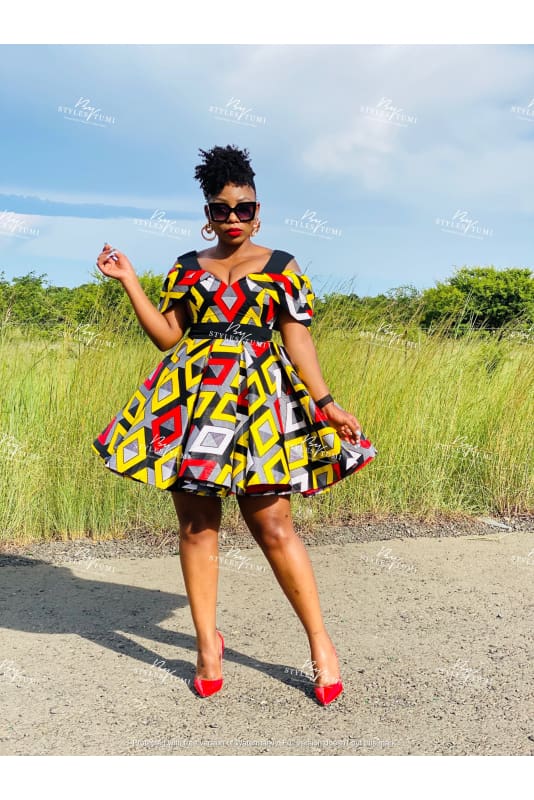 multi coloured off shoulder African flare dress